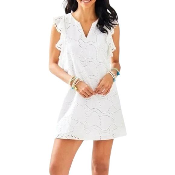 Lilly Pulitzer White Leaf Eyelet Pompom Trim Sleeveless Astara Resort Dress XS - Picture 1 of 7